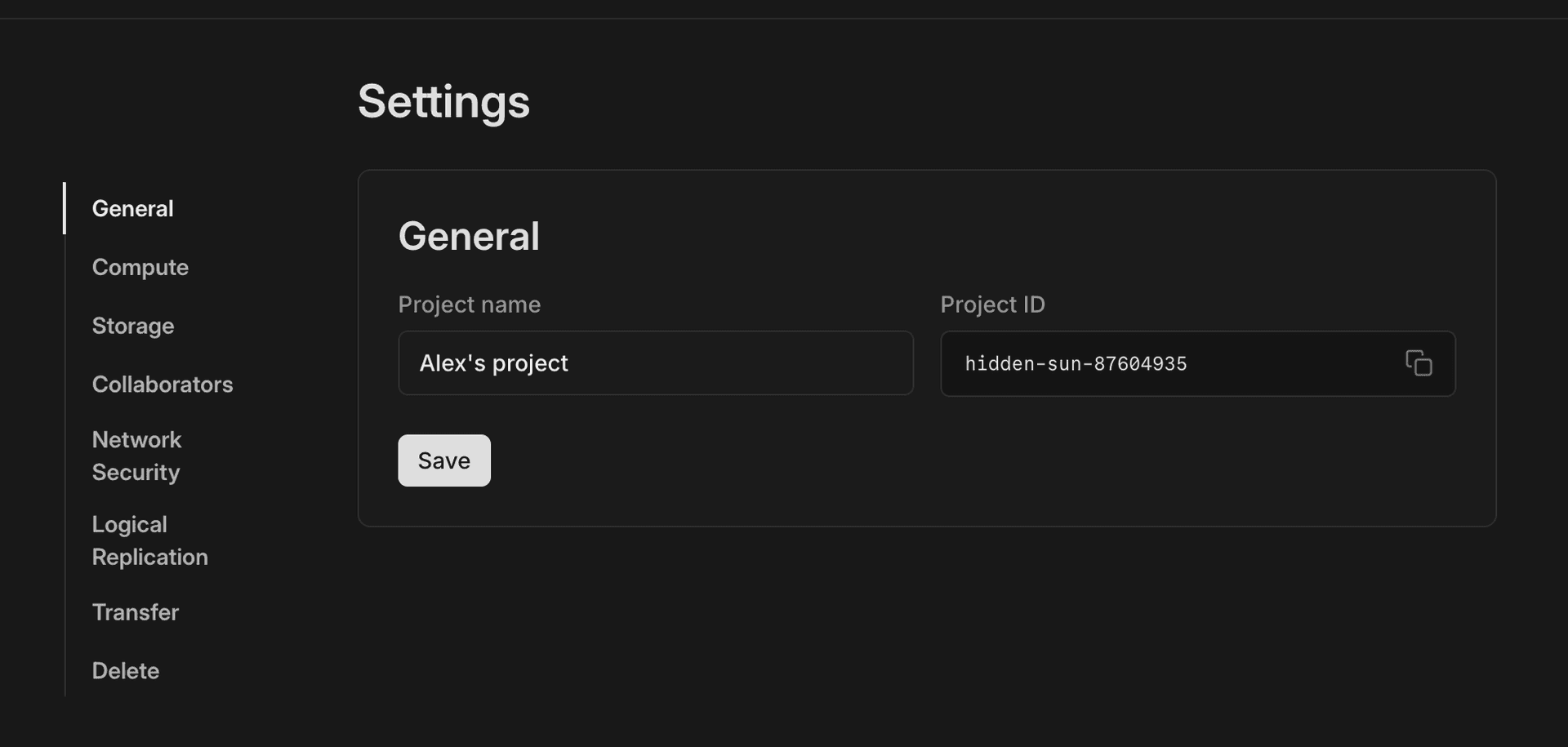 Project Settings page